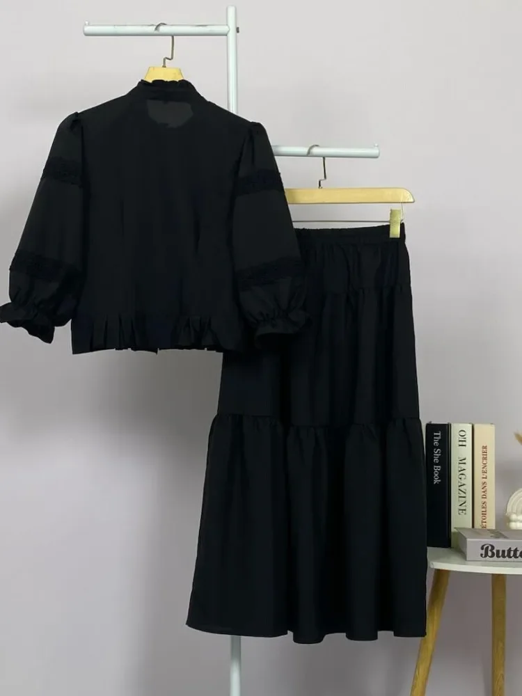 CHICMORE Setelan lengan panjang baru, atasan berwarna polos dengan hiasan renda, rok setengah yang modis dan serbaguna