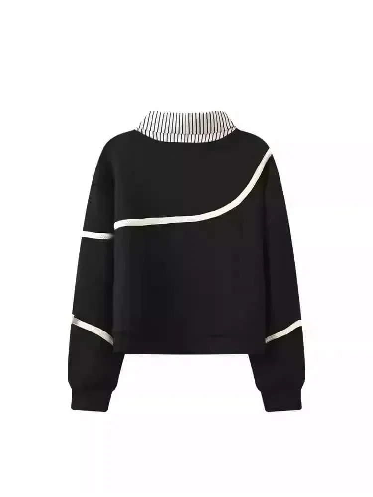 CHICMORE Atasan sweatshirt bergaris kerah polo dan lengan panjang gaya baru untuk wanita