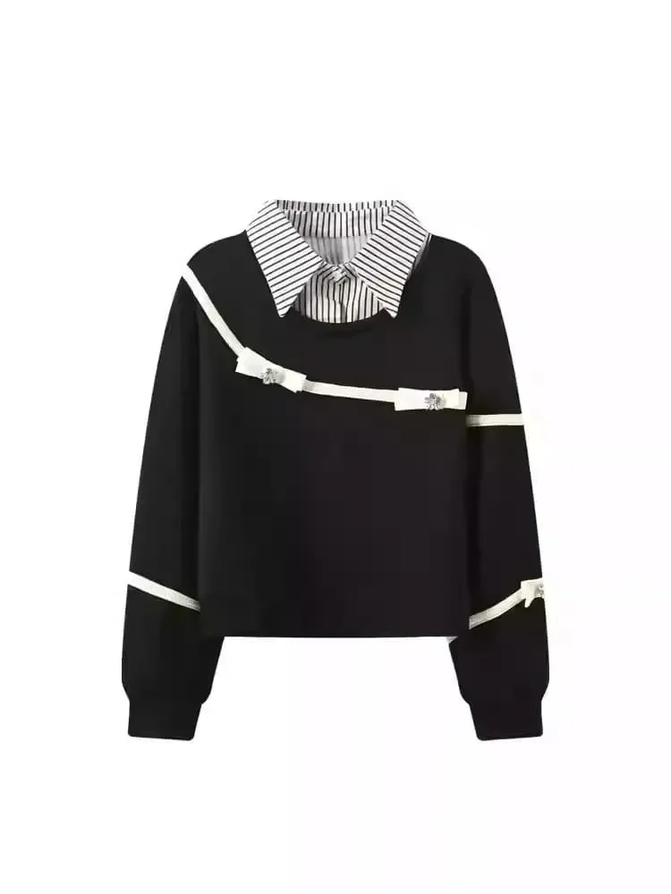 CHICMORE Atasan sweatshirt bergaris kerah polo dan lengan panjang gaya baru untuk wanita