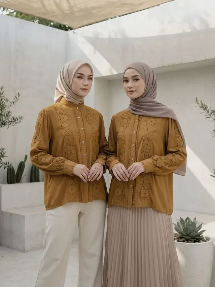 CHICMORE Atasan kemeja pakaian wanita kancing sebaris gaya retro