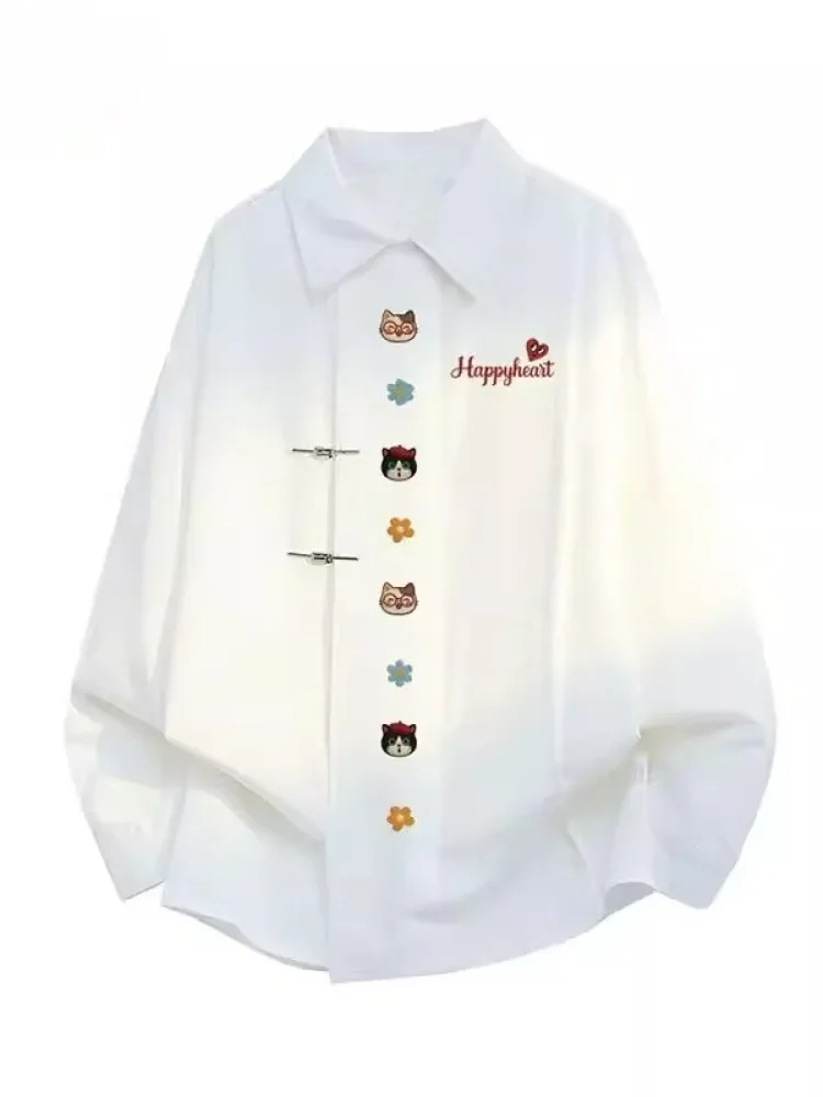 CHICMORE Atasan kemeja lengan panjang motif hati dan anak kucing