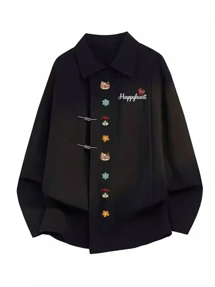 CHICMORE Atasan kemeja lengan panjang motif hati dan anak kucing