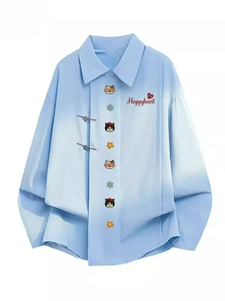 CHICMORE Atasan kemeja lengan panjang motif hati dan anak kucing