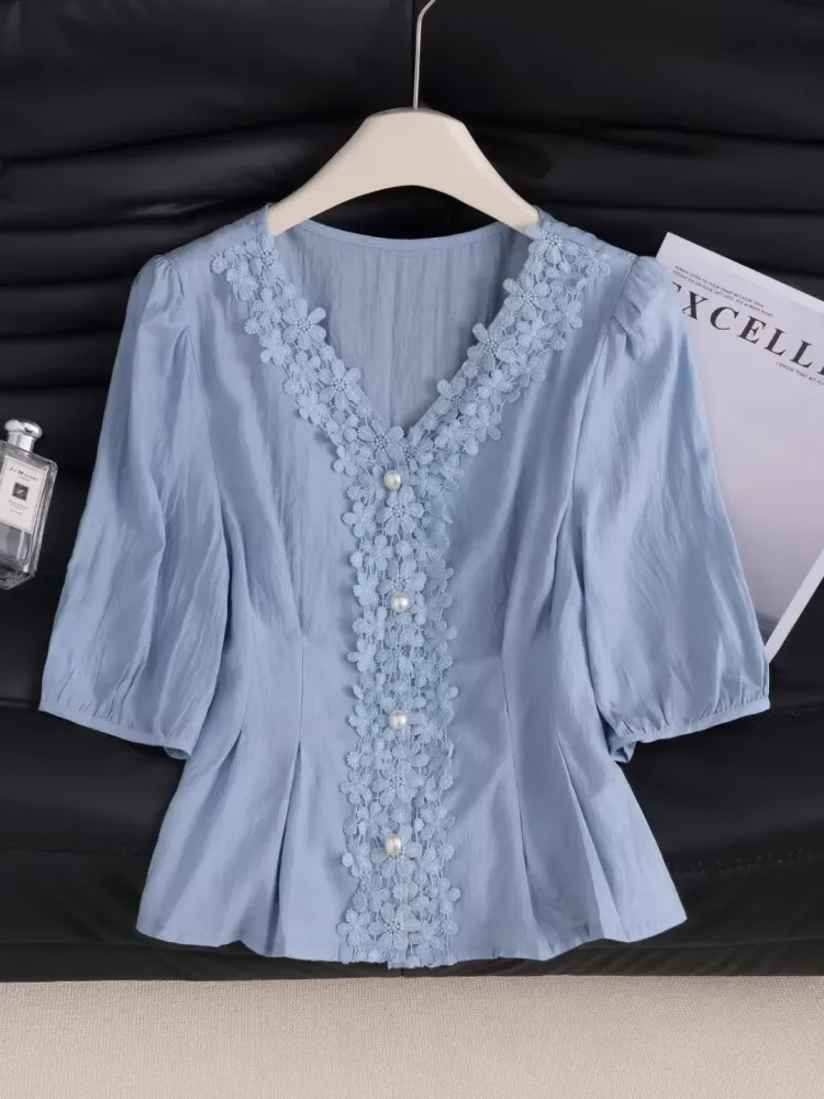 CHICMORE Atasan blus lengan sedang untuk wanita manis warna biru elegan
