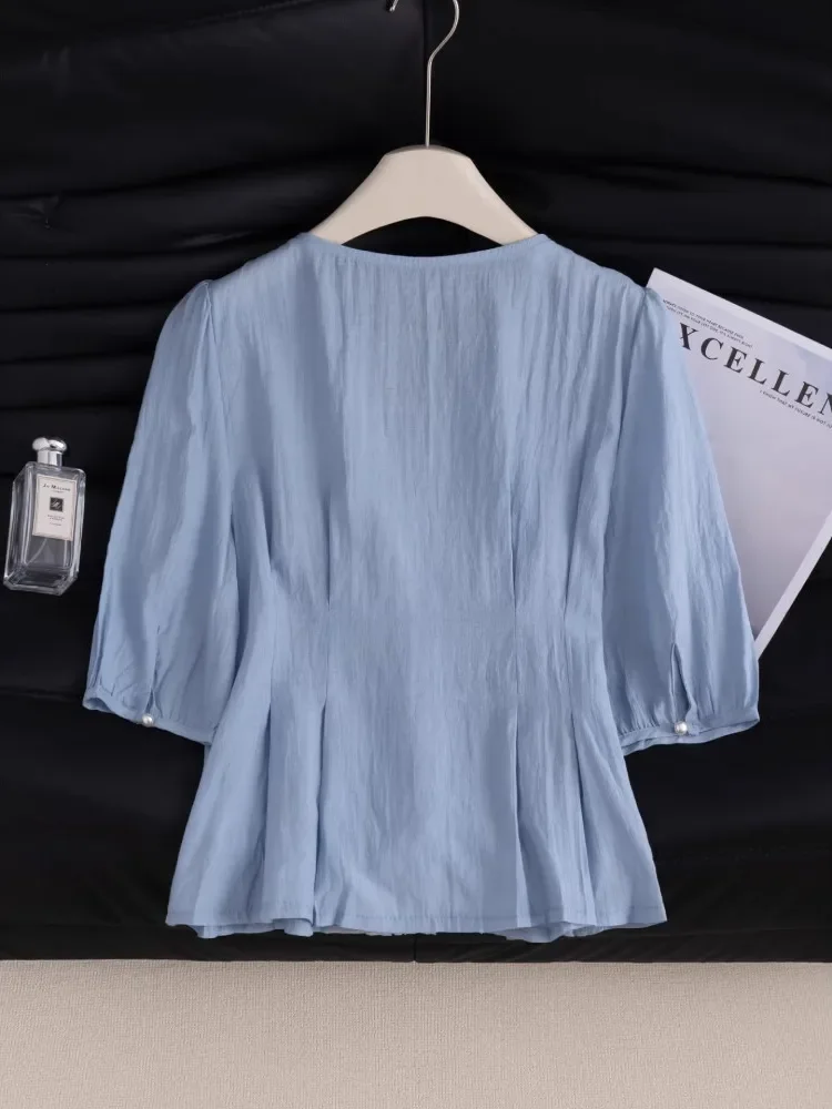 CHICMORE Atasan blus lengan sedang untuk wanita manis warna biru elegan