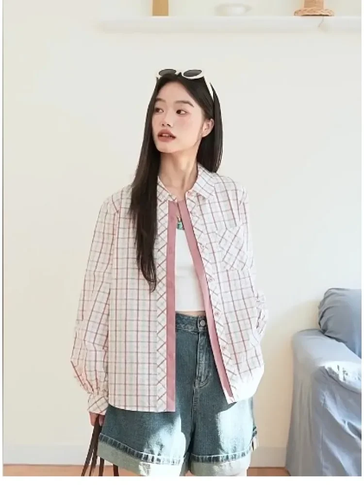 CHICMORE Kemeja basic wanita lengan panjang motif kotak warna cantik feminine