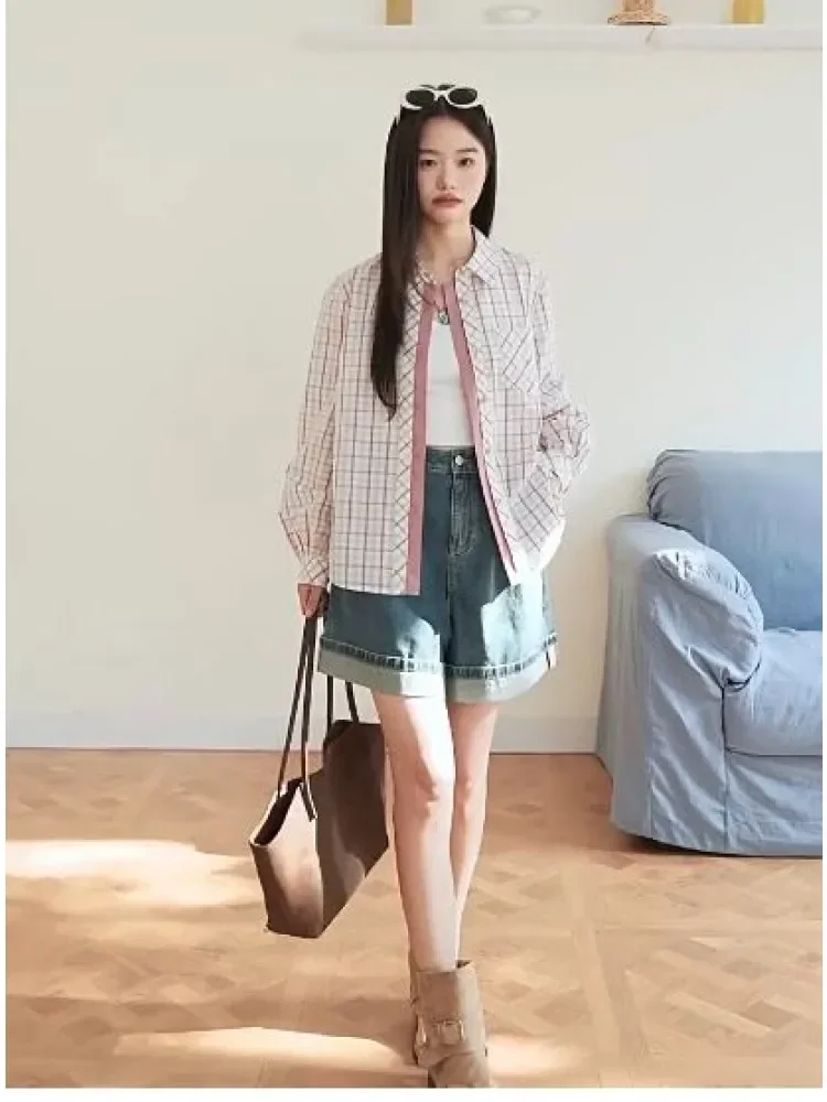 CHICMORE Kemeja basic wanita lengan panjang motif kotak warna cantik feminine