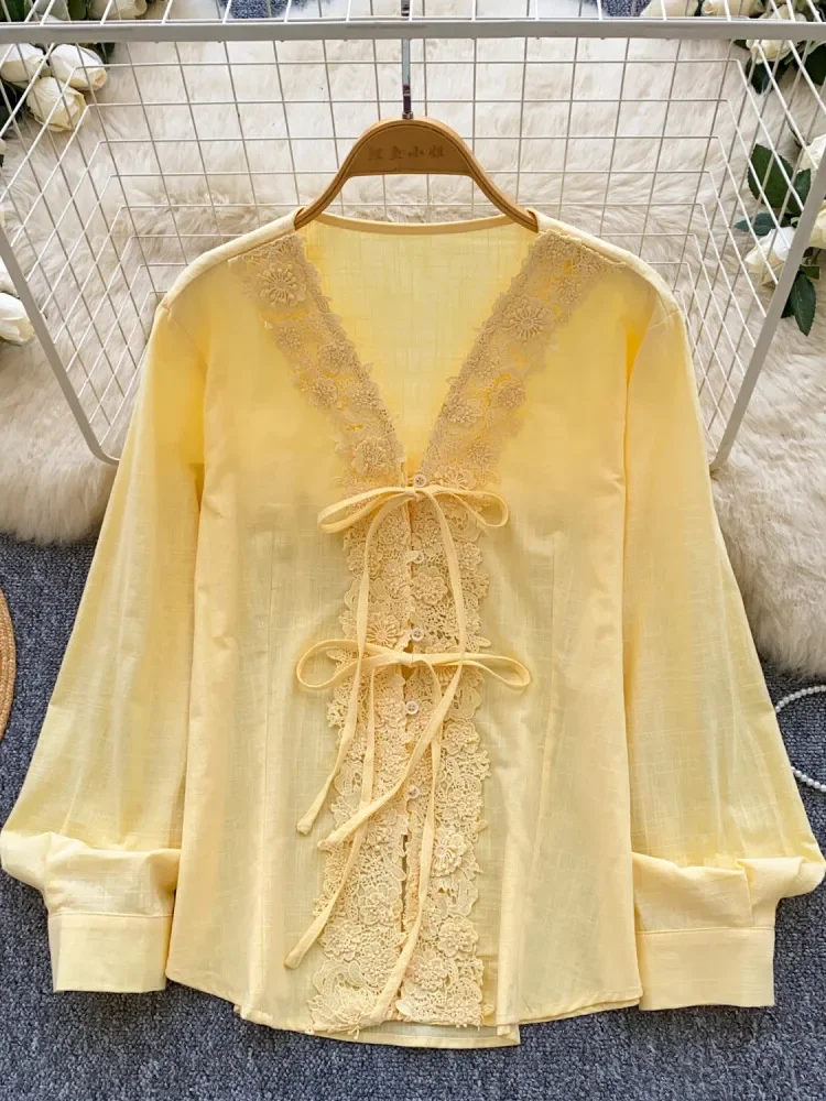 CHICMORE Atasan blus manis lengan panjang warna kontras elegan untuk wanita
