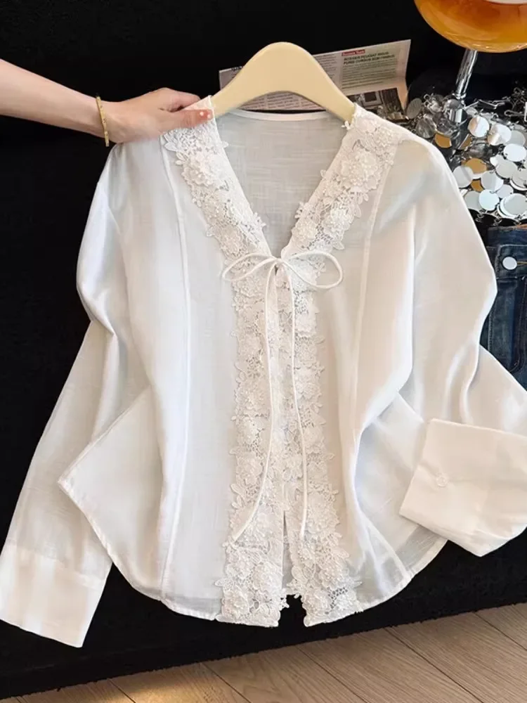 CHICMORE Atasan blus manis lengan panjang warna kontras elegan untuk wanita