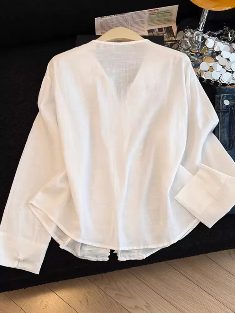 CHICMORE Atasan blus manis lengan panjang warna kontras elegan untuk wanita