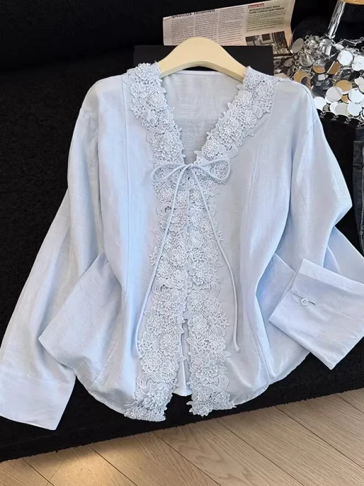 CHICMORE Atasan blus manis lengan panjang warna kontras elegan untuk wanita