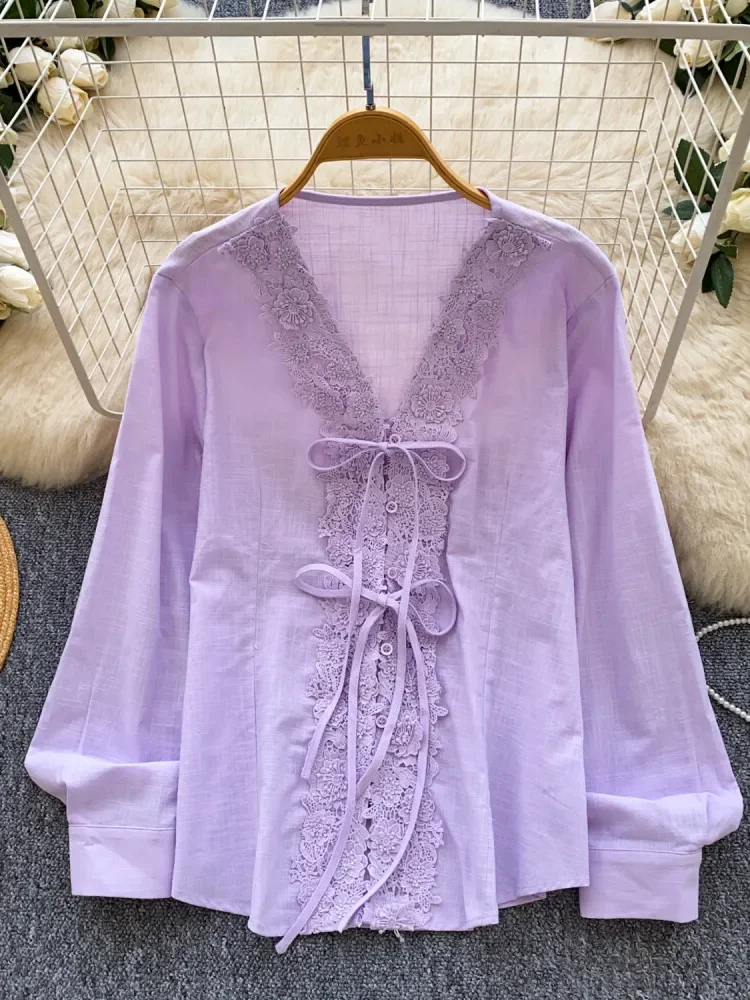 CHICMORE Atasan blus manis lengan panjang warna kontras elegan untuk wanita