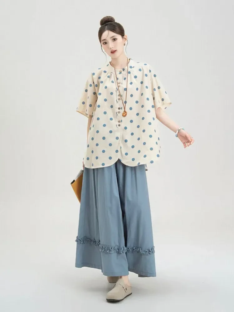 CHICMORE Setelan dua potong model longgar dengan atasan polkadot lengan pendek dan celana kaki lebar