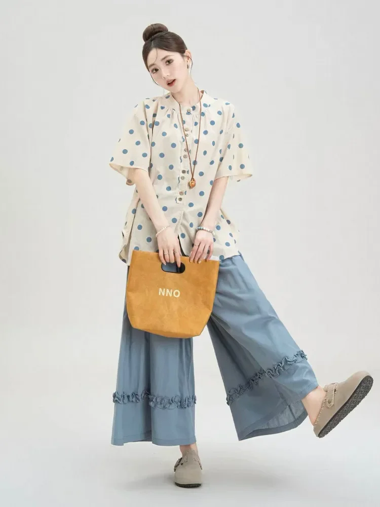 CHICMORE Setelan dua potong model longgar dengan atasan polkadot lengan pendek dan celana kaki lebar