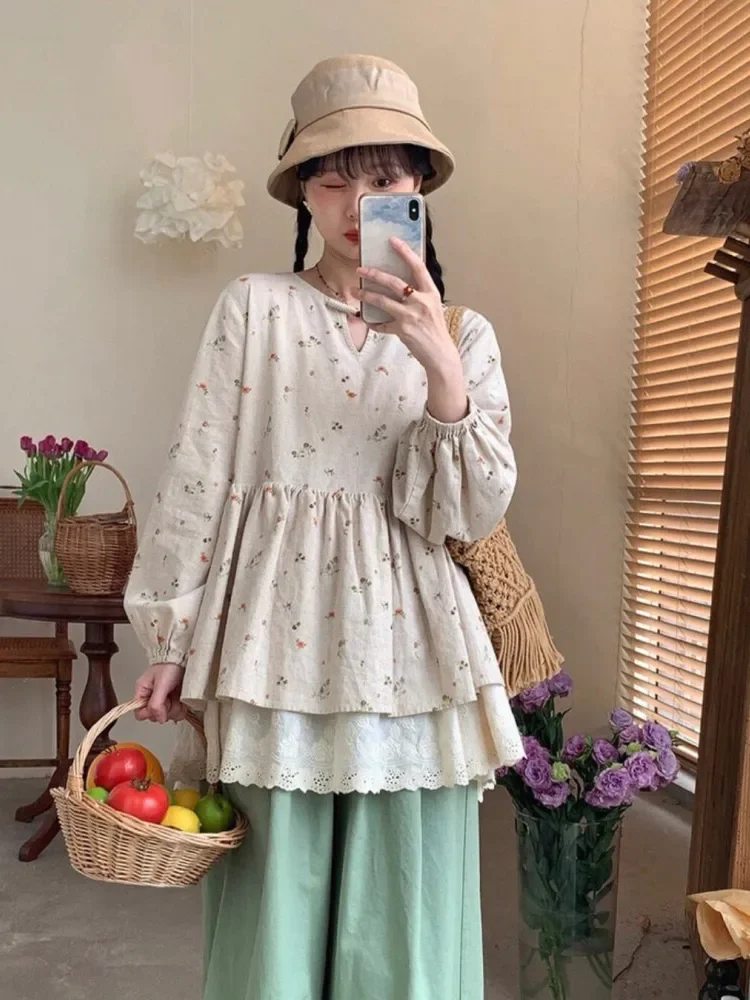 CHICMORE Atasan blouse longgar wanita dengan model lengan panjang dan motif cantik