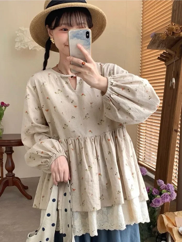 CHICMORE Atasan blouse longgar wanita dengan model lengan panjang dan motif cantik