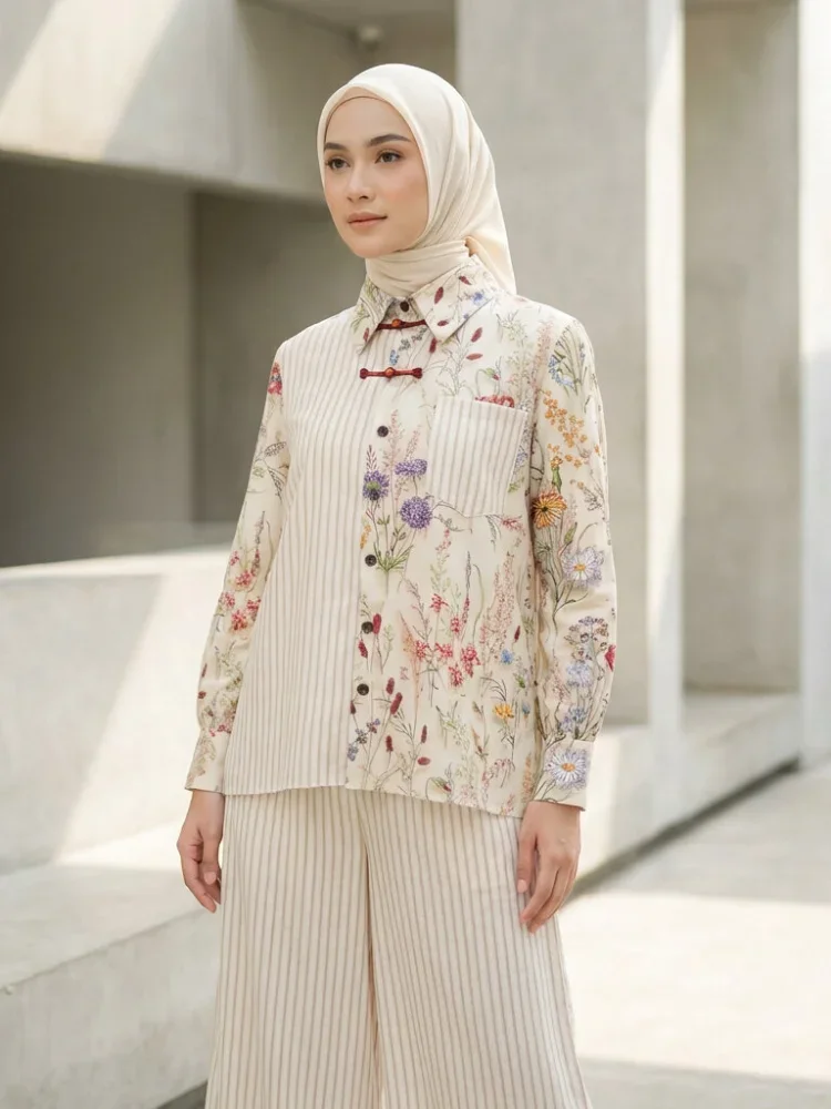 CHICMORE Atasan lengan panjang dengan krah dan kancing bulat, motif bunga kecil dipadukan dengan motif garis, dipadukan dengan celana panjang bermotif sebagai setelan