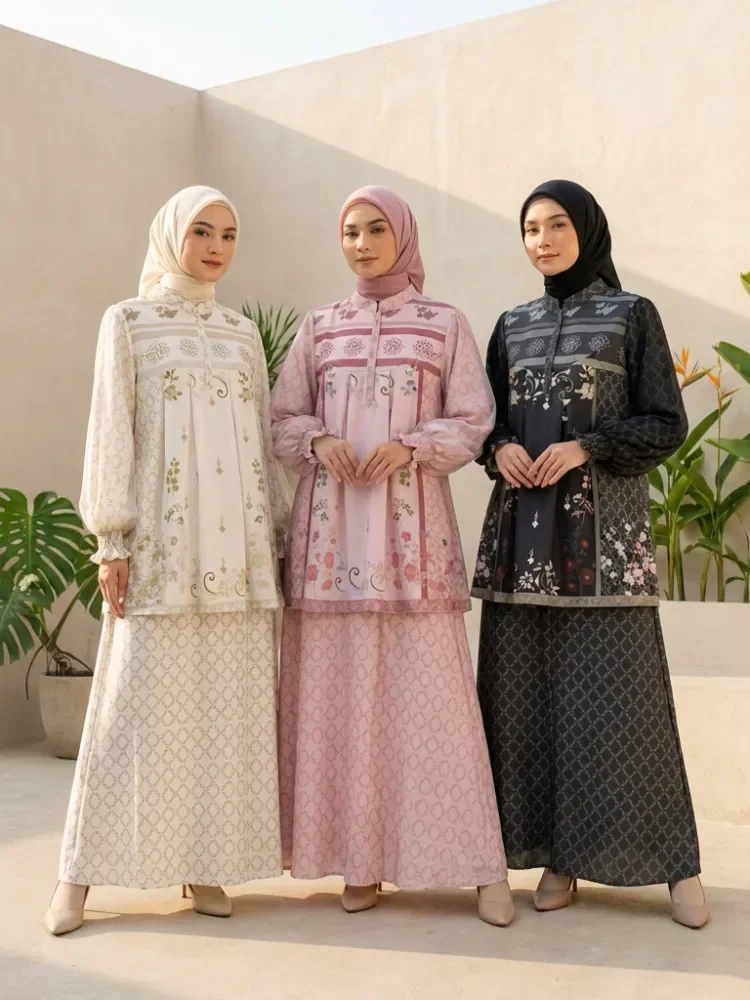 CHICMORE Setelan dua potong atasan dan rok bawah gaya baru dengan motif cetak