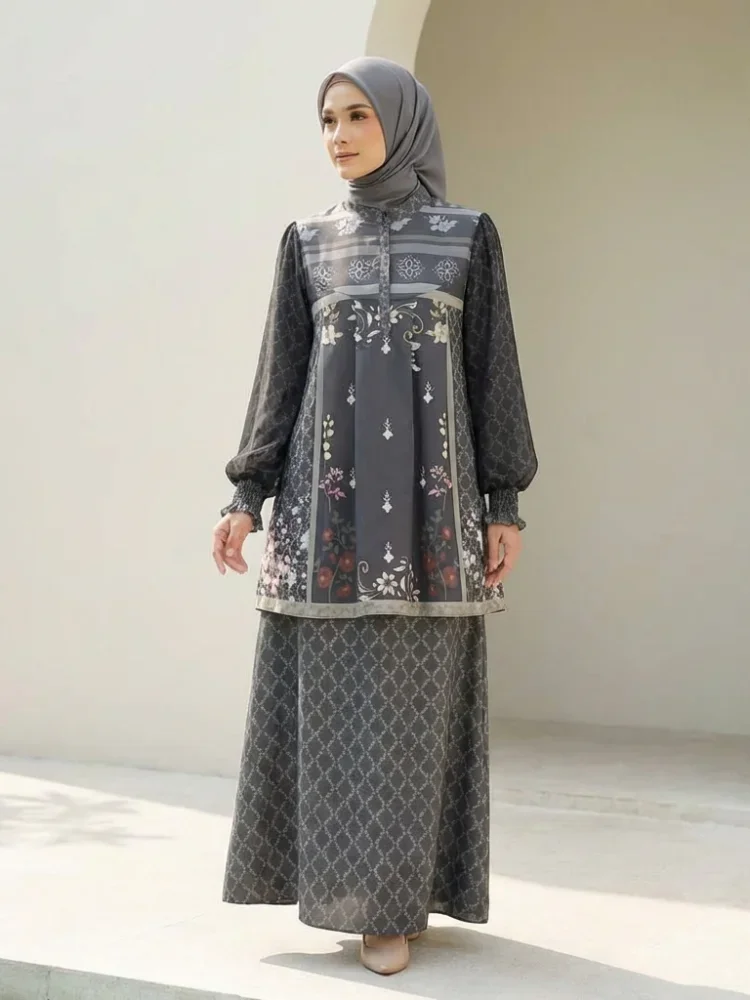 CHICMORE Setelan dua potong atasan dan rok bawah gaya baru dengan motif cetak