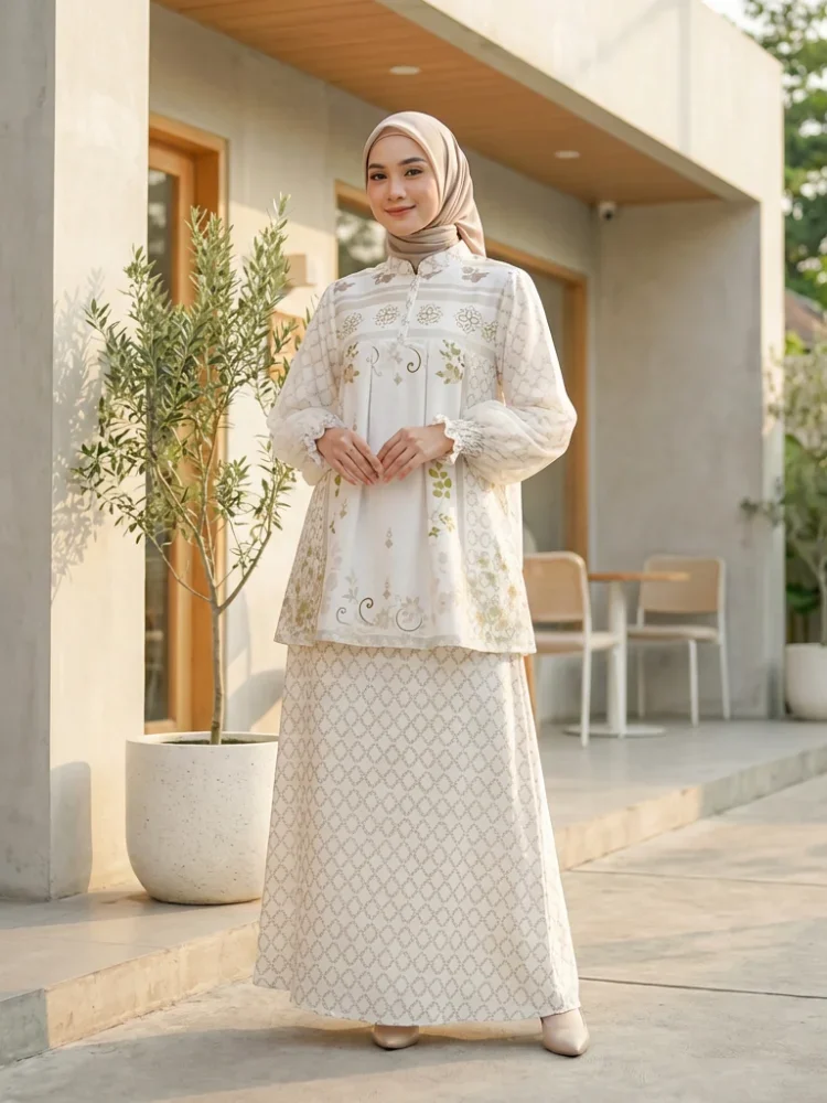 CHICMORE Setelan dua potong atasan dan rok bawah gaya baru dengan motif cetak