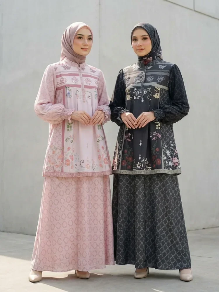CHICMORE Setelan dua potong atasan dan rok bawah gaya baru dengan motif cetak
