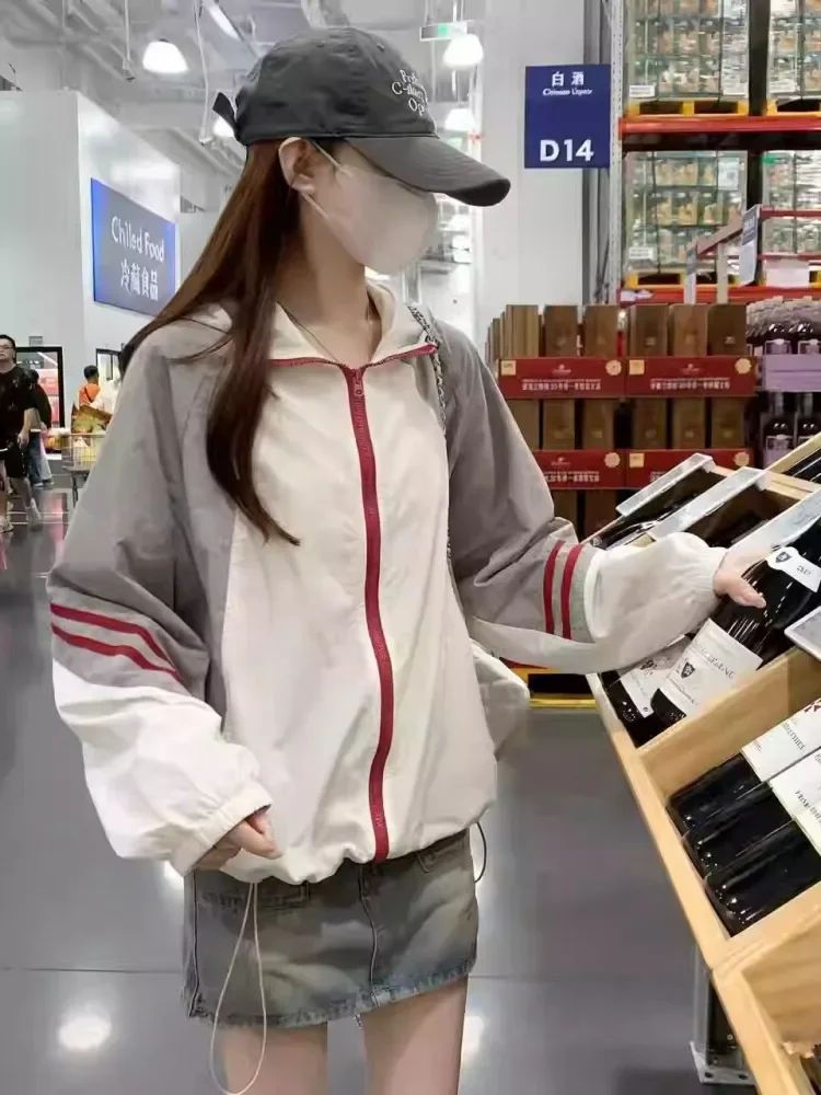 CHICMORE Atasan jaket lengan panjang longgar model warna kontras dengan risleting depan
