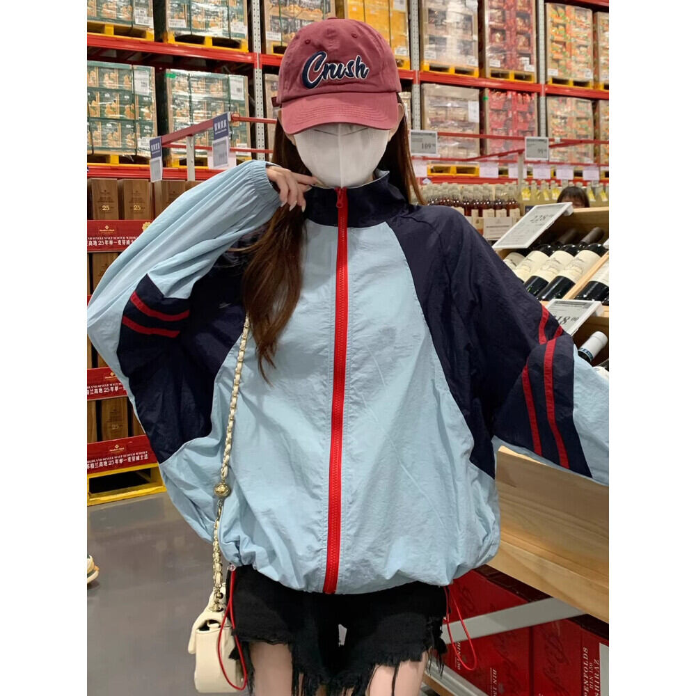 CHICMORE Atasan jaket lengan panjang longgar model warna kontras dengan risleting depan