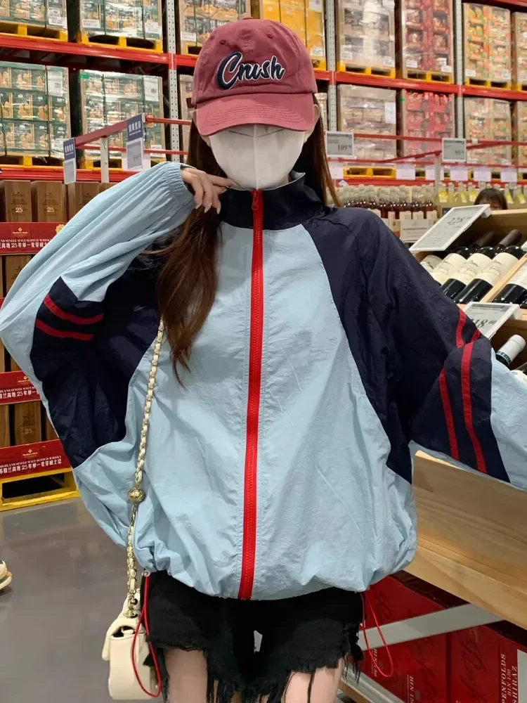 CHICMORE Atasan jaket lengan panjang longgar model warna kontras dengan risleting depan