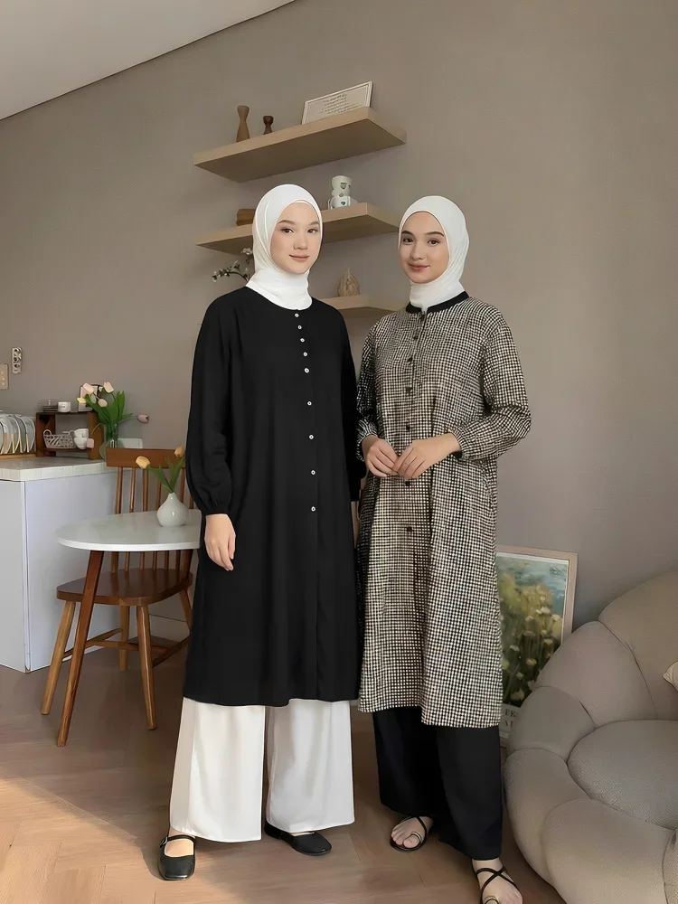 CHICMORE Setelan dua potong wanita panjang dengan atasan kotak-kotak lengan balon dan celana panjang