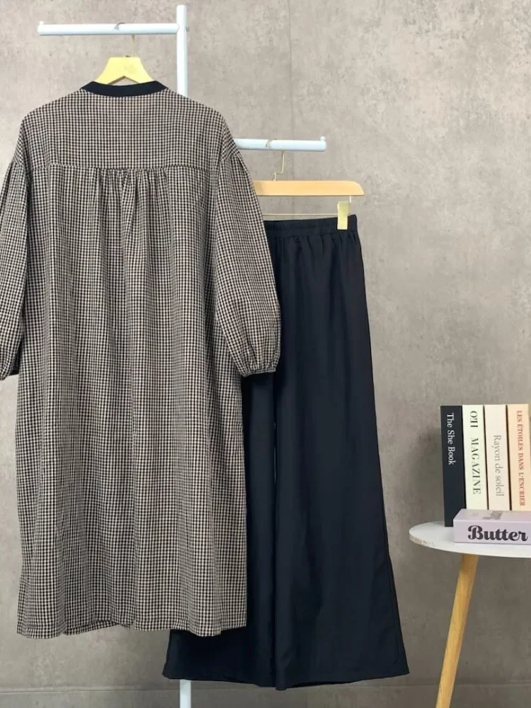 CHICMORE Setelan dua potong wanita panjang dengan atasan kotak-kotak lengan balon dan celana panjang