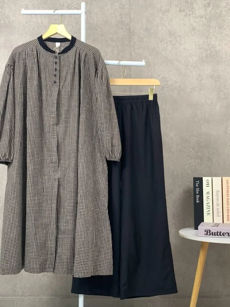 CHICMORE Setelan dua potong wanita panjang dengan atasan kotak-kotak lengan balon dan celana panjang