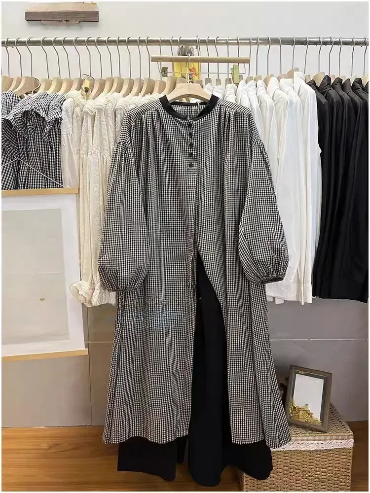 CHICMORE Setelan dua potong wanita panjang dengan atasan kotak-kotak lengan balon dan celana panjang