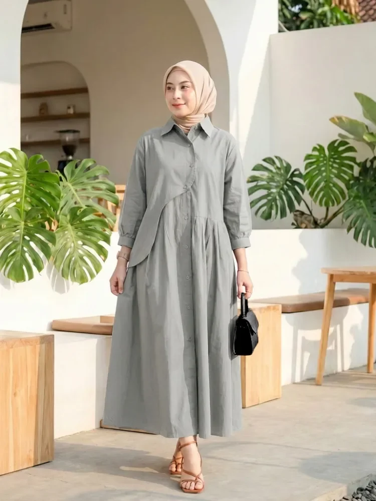 [NEW]CHICMORE Gaun kemeja lengan tiga perempat dengan warna polos dan rok midi