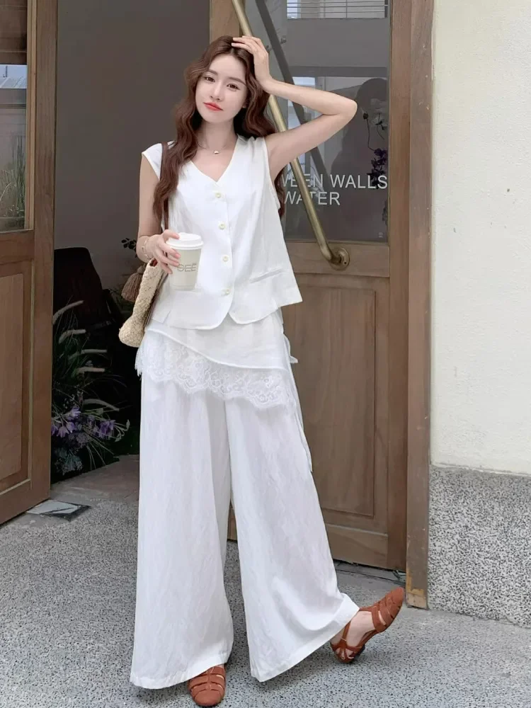 CHICMORE Setelan dua potong super stylish rompi putih elegan dan celana kasual lebar