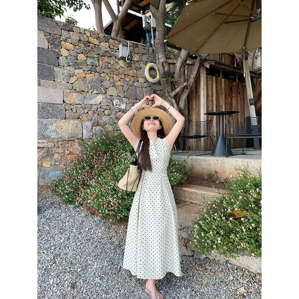 CHICMORE Gaun maxi tanpa lengan motif polkadot model rok a-line