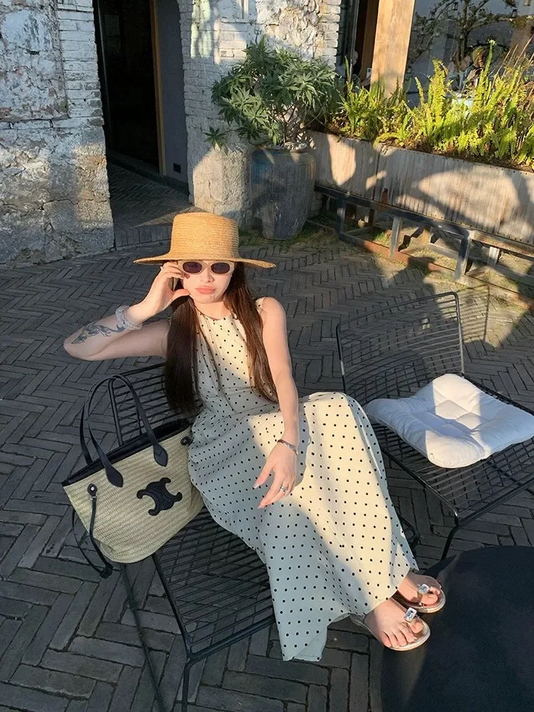 CHICMORE Gaun maxi tanpa lengan motif polkadot model rok a-line