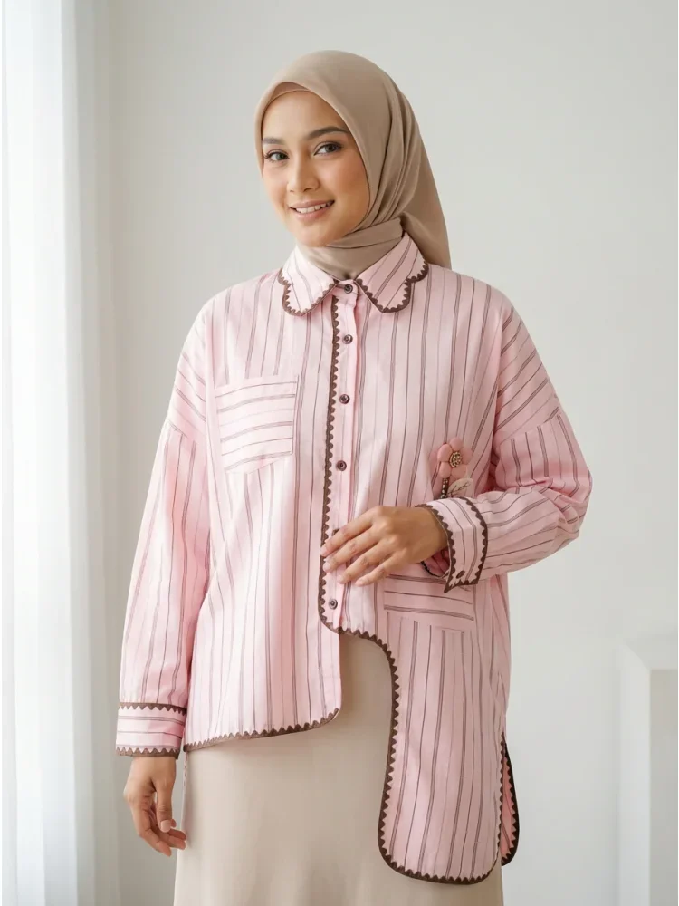 [READY STOCK]CHICMORE Kemeja lengan panjang kancing tunggal gaya korea baru dengan garis-garis dan tambalan dekoratif