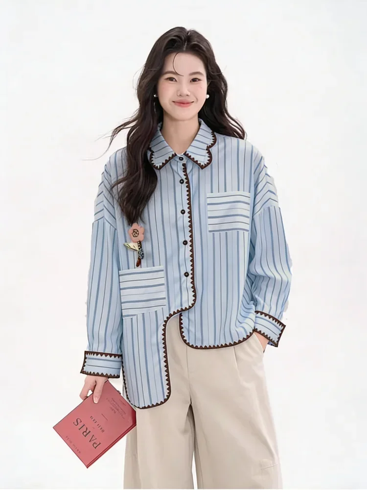 [READY STOCK]CHICMORE Kemeja lengan panjang kancing tunggal gaya korea baru dengan garis-garis dan tambalan dekoratif