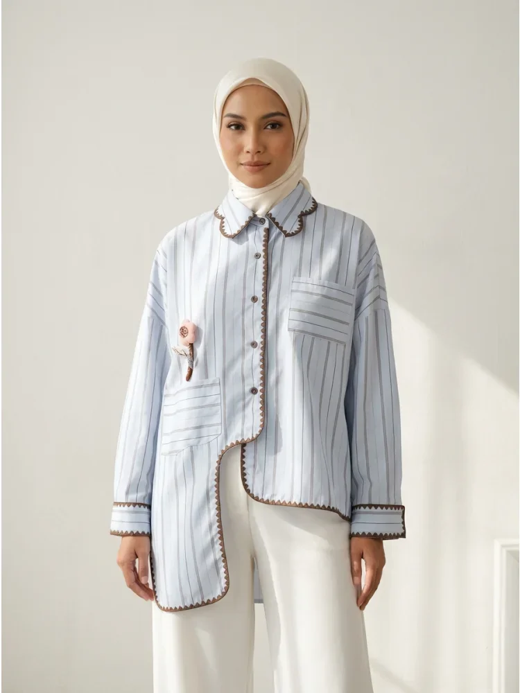 [READY STOCK]CHICMORE Kemeja lengan panjang kancing tunggal gaya korea baru dengan garis-garis dan tambalan dekoratif