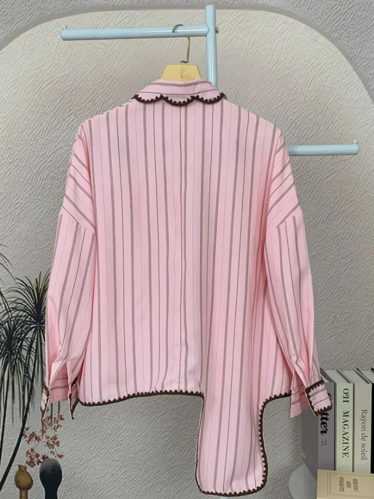 [READY STOCK]CHICMORE Kemeja lengan panjang kancing tunggal gaya korea baru dengan garis-garis dan tambalan dekoratif