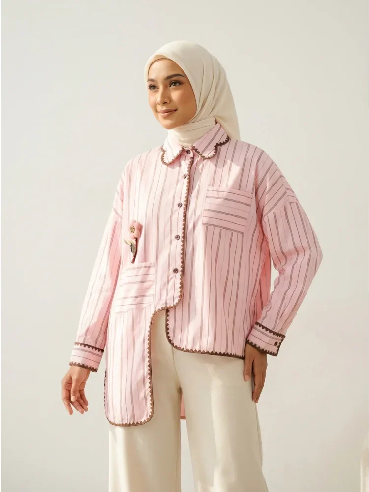 [READY STOCK]CHICMORE Kemeja lengan panjang kancing tunggal gaya korea baru dengan garis-garis dan tambalan dekoratif