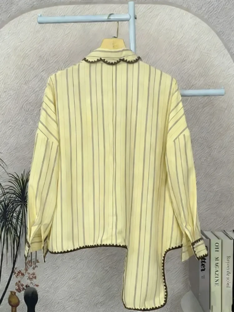 [READY STOCK]CHICMORE Kemeja lengan panjang kancing tunggal gaya korea baru dengan garis-garis dan tambalan dekoratif