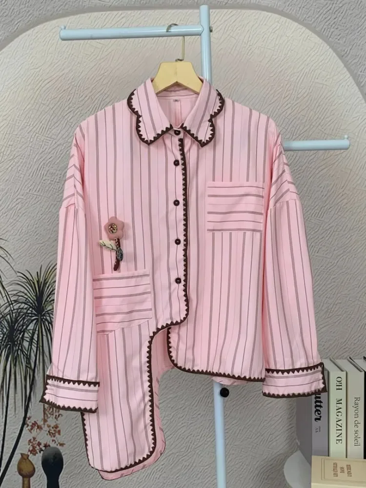 [READY STOCK]CHICMORE Kemeja lengan panjang kancing tunggal gaya korea baru dengan garis-garis dan tambalan dekoratif