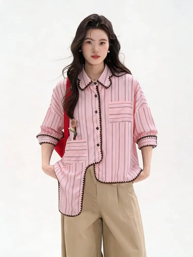 [READY STOCK]CHICMORE Kemeja lengan panjang kancing tunggal gaya korea baru dengan garis-garis dan tambalan dekoratif