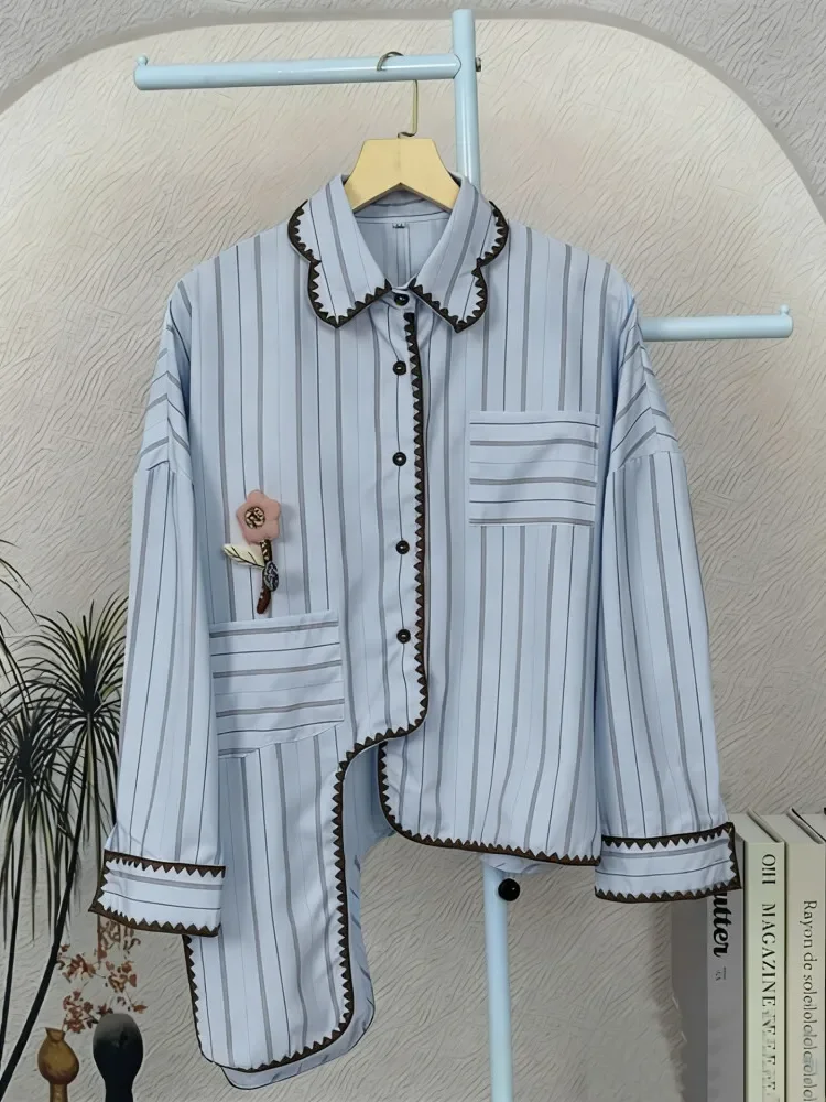 [READY STOCK]CHICMORE Kemeja lengan panjang kancing tunggal gaya korea baru dengan garis-garis dan tambalan dekoratif