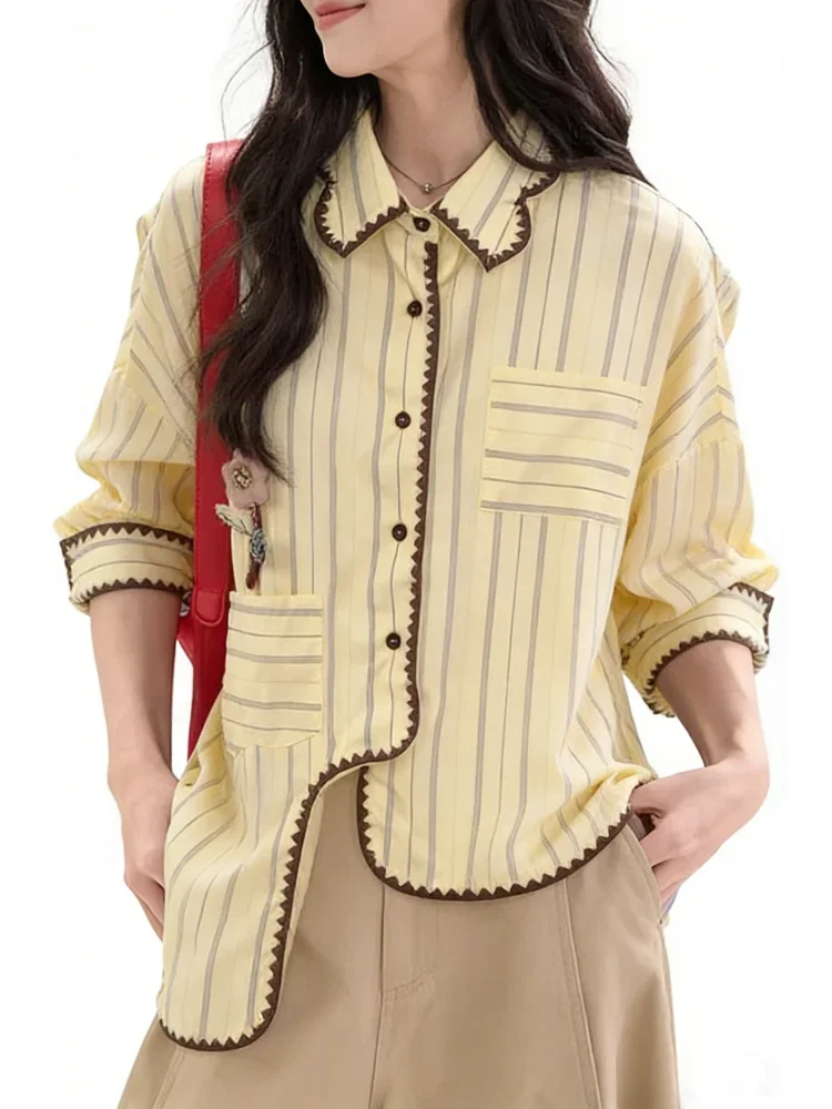 [READY STOCK]CHICMORE Kemeja lengan panjang kancing tunggal gaya korea baru dengan garis-garis dan tambalan dekoratif