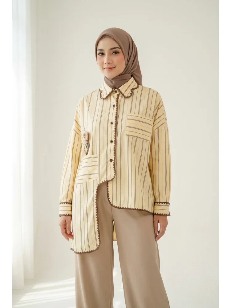 [READY STOCK]CHICMORE Kemeja lengan panjang kancing tunggal gaya korea baru dengan garis-garis dan tambalan dekoratif