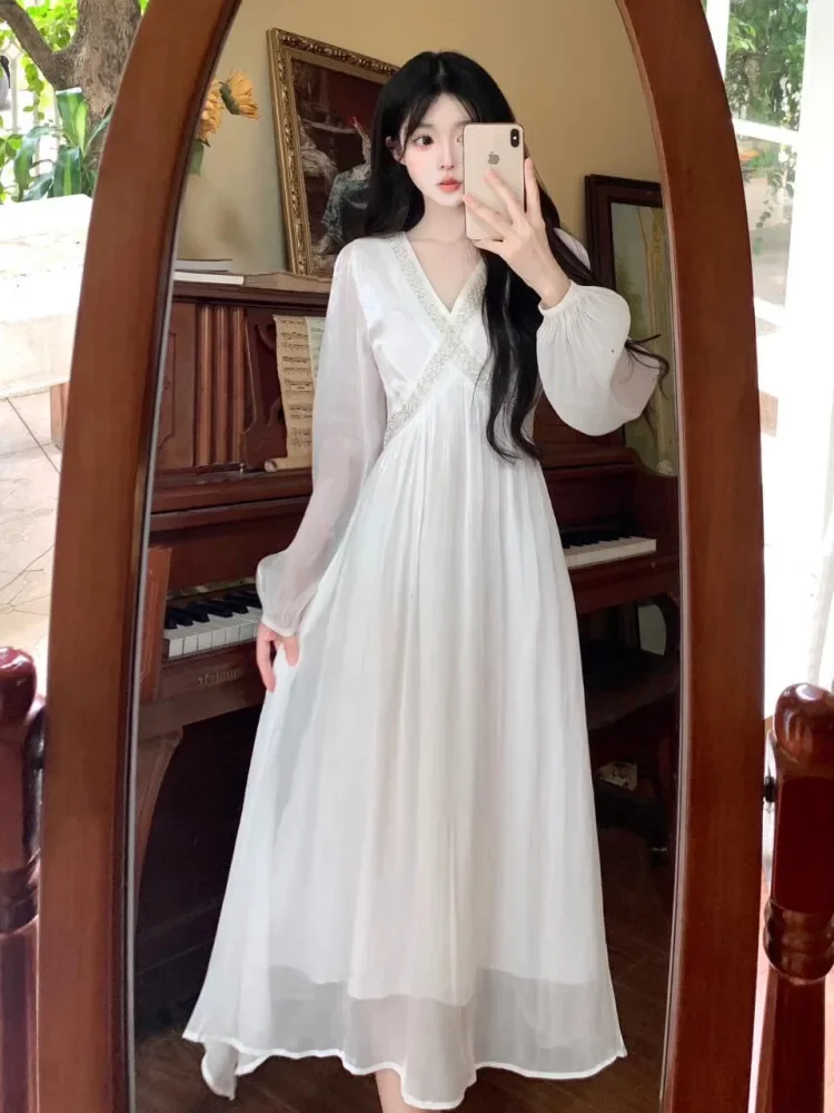 [DISKON KILAT]CHICMORE Gaun elegan dengan lengan panjang bermotif polos kerah v neck