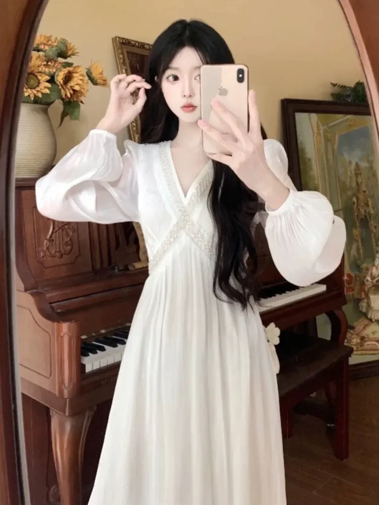 [DISKON KILAT]CHICMORE Gaun elegan dengan lengan panjang bermotif polos kerah v neck