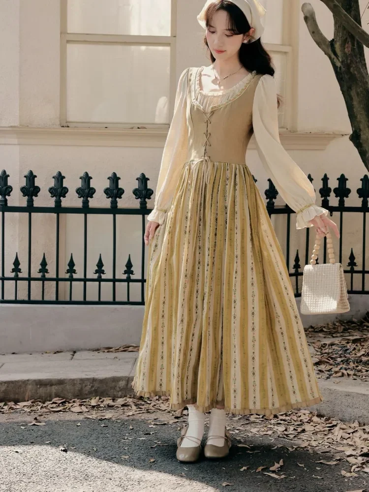 CHICMORE Gaun maxi lengan panjang gaya klasik feminine korean style